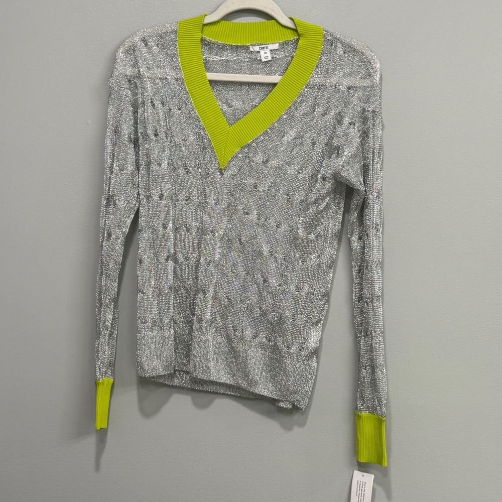 Bar III Silver Metallic Open Knit V-Neck Sweater Neon Lime Trim XS 100069085